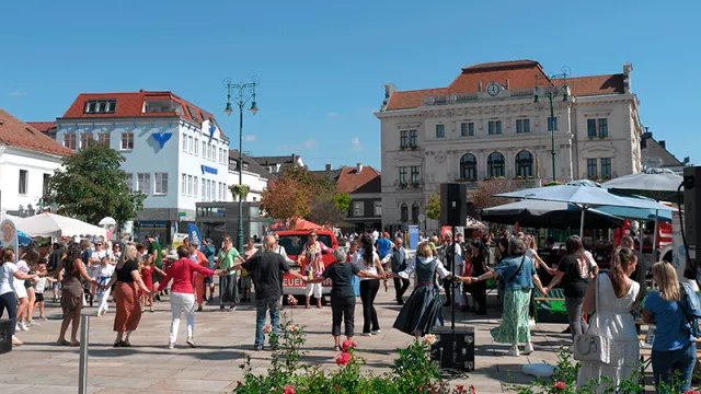 Eine Gruppe von Menschen fasst sich an den Händen zu einem Kreistanz am Tullner Hauptplatz